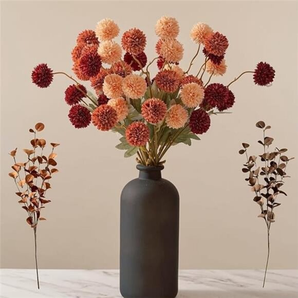 Fall Flowers, Burnt Orange Faux Kiku Flowers Artificial 10 Stems + Eucalyptus - Picture 7 of 7